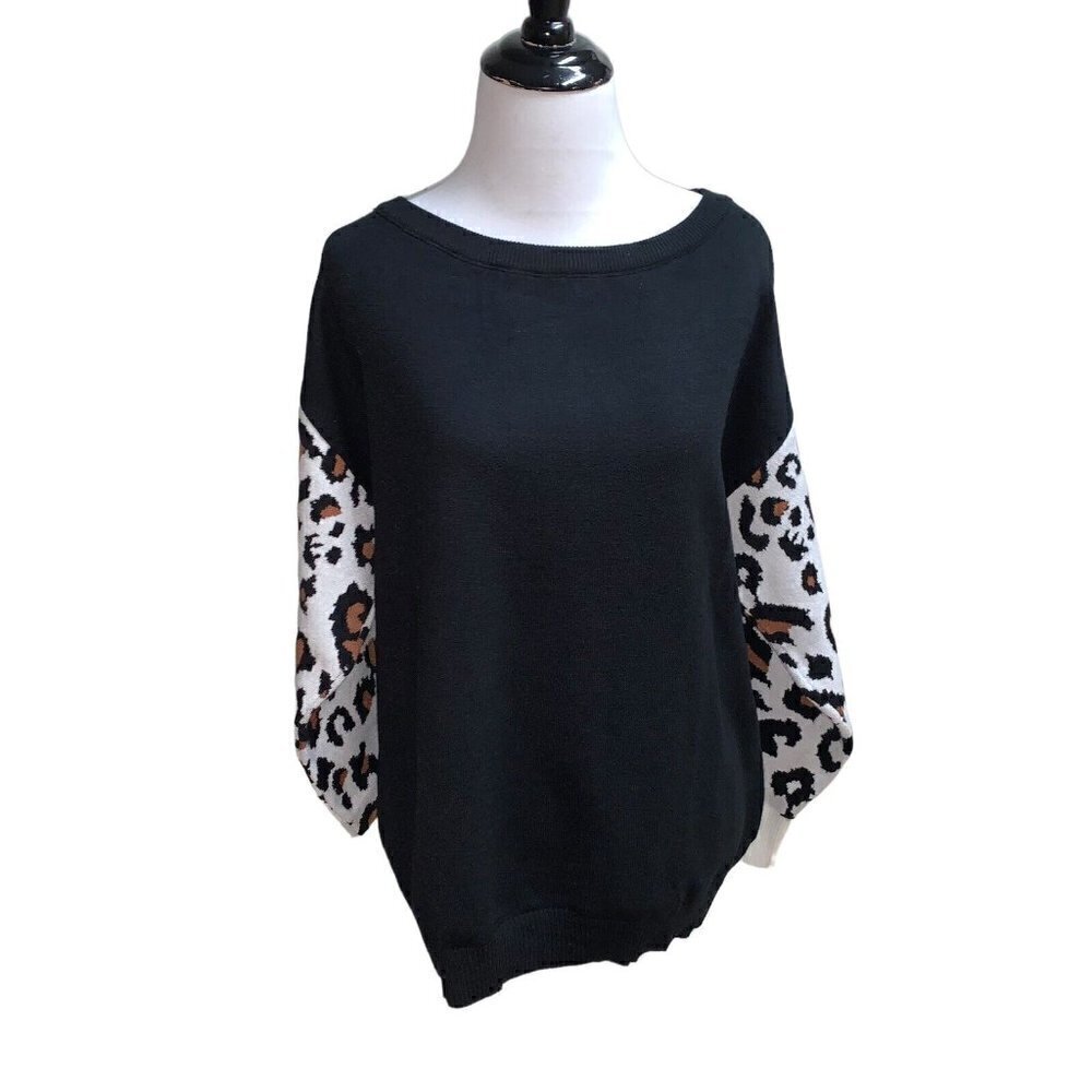 Pretty Garden Women's S Small Knit Sweater NWT Cheetah Print Long Sleeve Black